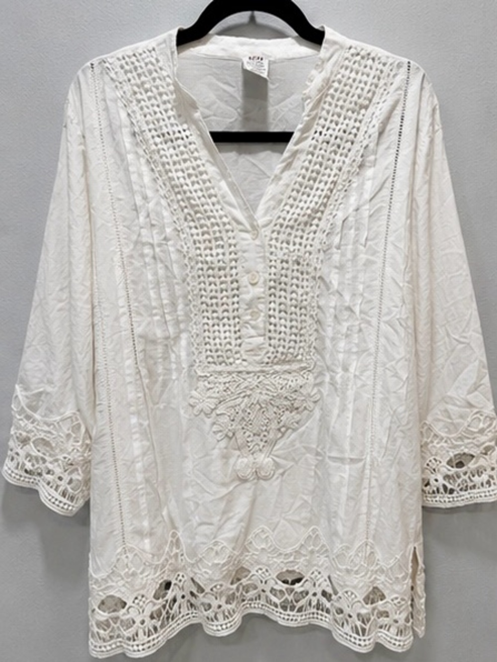SITA White Embroidered Cotton Tunic Blouse Boho Crochet Lace Medium